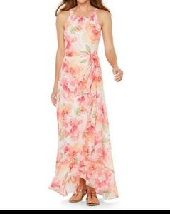 R&K Maxi Dress, NWOT Size 8 Multi Color Shades of  Orange and White, and Greens.